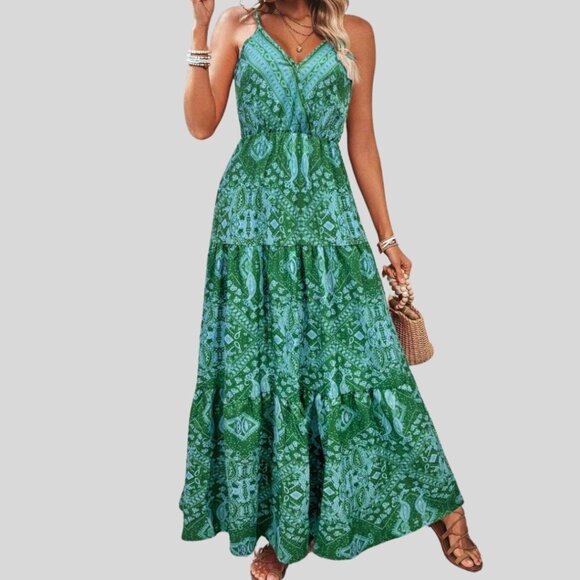 Boho A-Line V Neck Ruffle Hem Dress Green - Picture 2 of 8